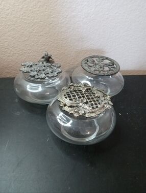 GORGEOUS TRIO of 4" Potpourri Squat Vases with Filigree Pewter Lids.